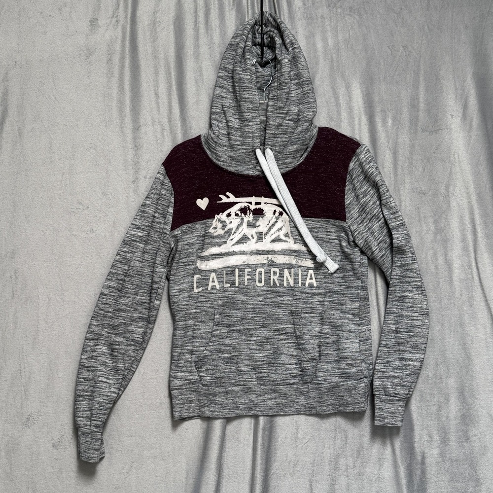 Reflex Hoodie Womens Large Gray Heather Maroon California Bear Cowl Neck Graphic